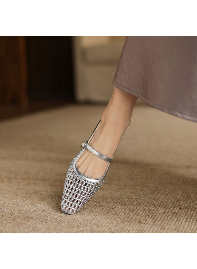 امي Ame Fashion صندل مكشوف الظهر للنساء جديد شبكة منسوجة فضية أنيقة للنساء - Image 4