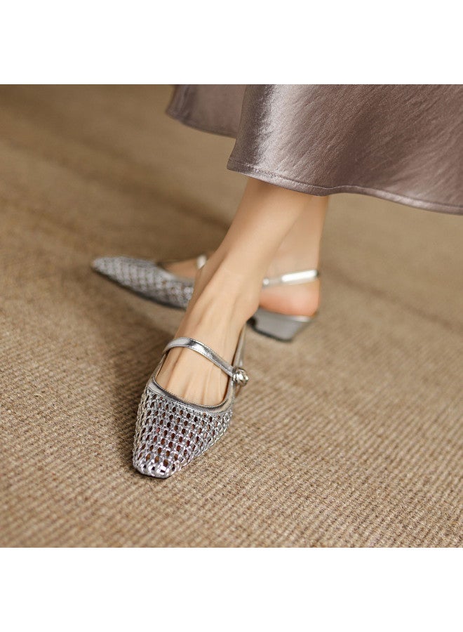 امي Ame Fashion صندل مكشوف الظهر للنساء جديد شبكة منسوجة فضية أنيقة للنساء - Image 2