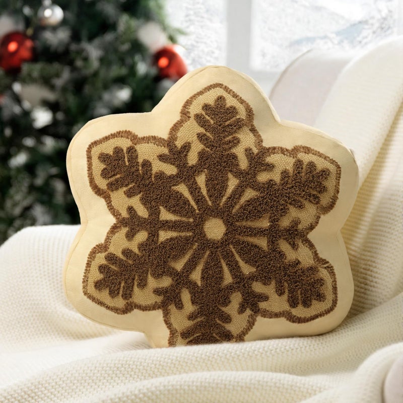 Phantoscope Merry Christmas Snowflake Shaped Throw Pillow Velvet Xmas Embroidered Snowflake Pillow Decorative Christmas Cushion Pillow for Couch Living Room Bed Brown 16 x 16 inches - Image 2