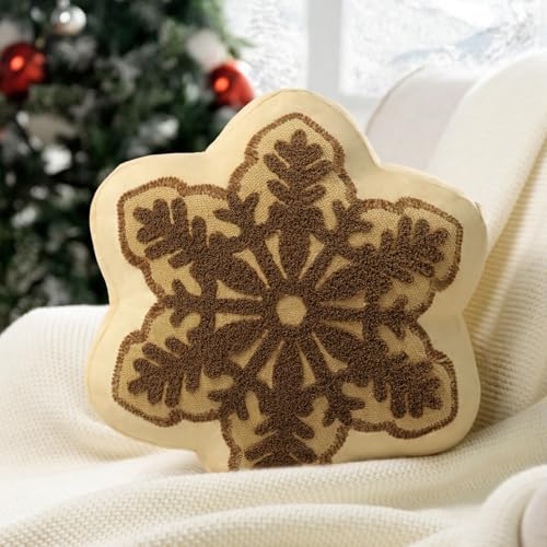 Phantoscope Merry Christmas Snowflake Shaped Throw Pillow Velvet Xmas Embroidered Snowflake Pillow Decorative Christmas Cushion Pillow for Couch Living Room Bed Brown 16 x 16 inches - Image 1