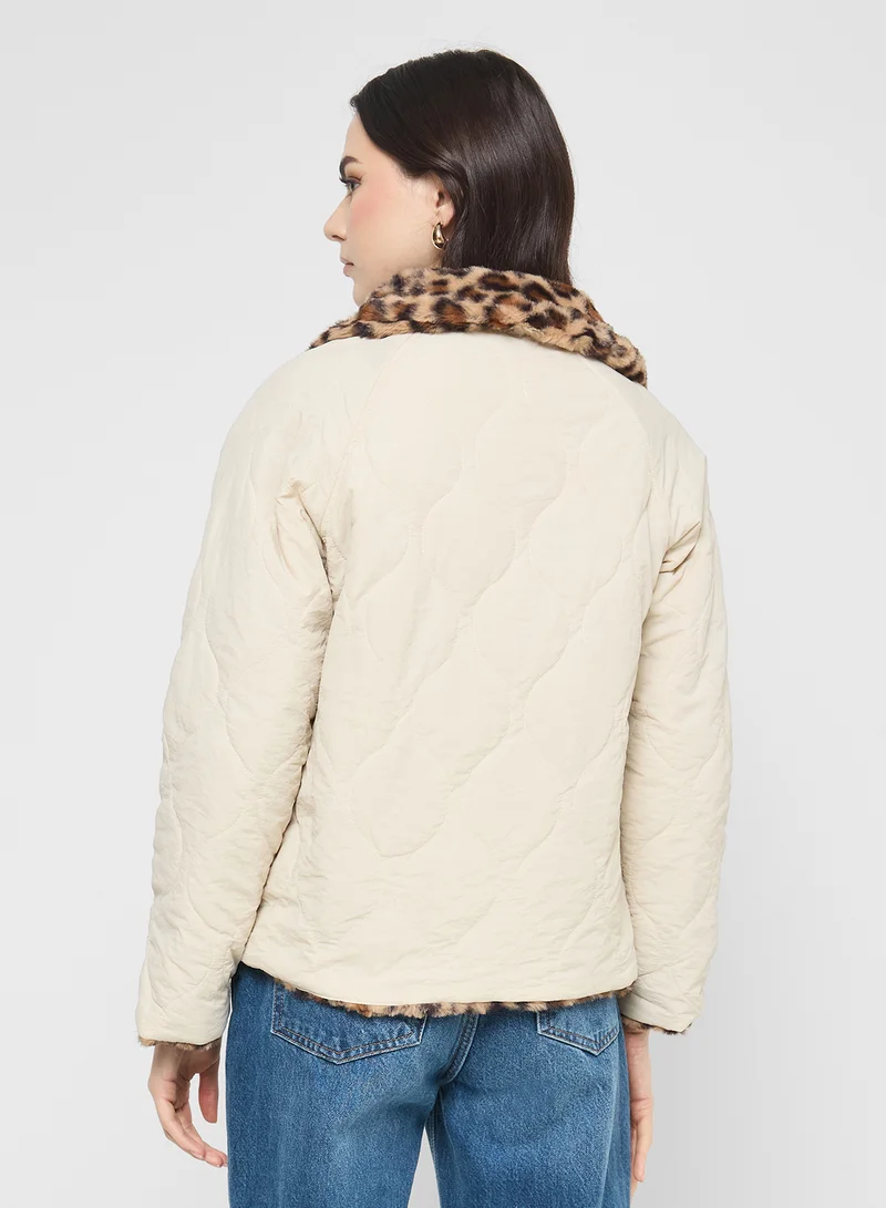 جينجر Leopard Print Faux Fur Jacket