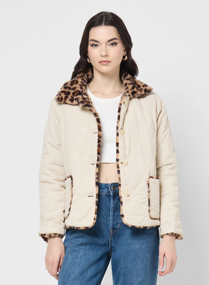 جينجر Leopard Print Faux Fur Jacket