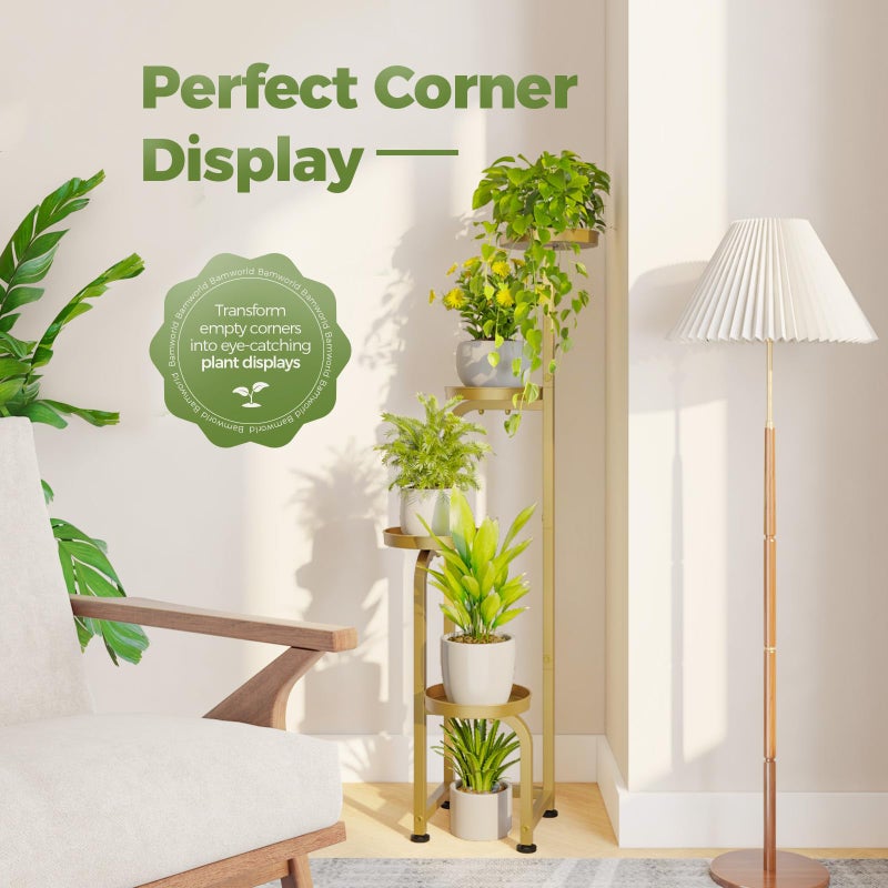 Bamworld Corner Plant Stand Indoor Outdoor, Tall Metal Flower Pot Stands for Multiple Plants, 4 Tier Gold Heavy Duty Plant Shelf for Patio Garden Balcony Living Room Bedroom(Patent Design) - Image 3