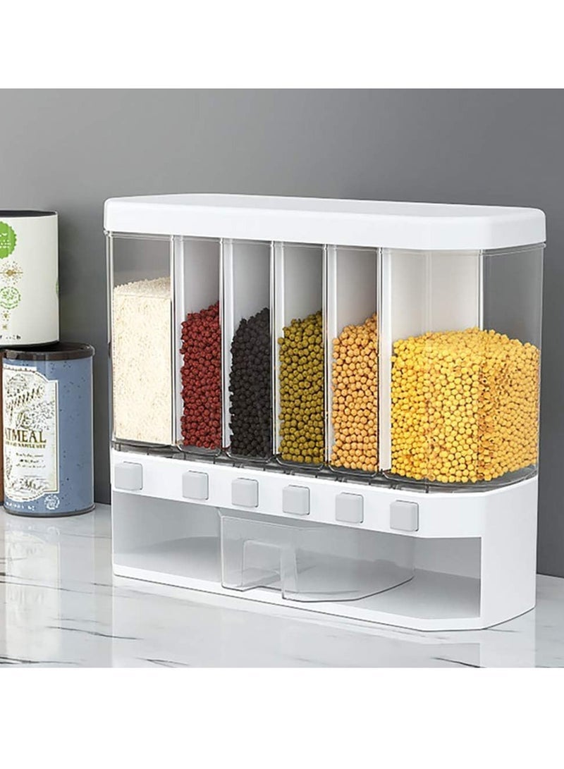 ECVV Multiple Dispenser For Grains & Cereals - Dry Food Dispenser, One-Click Output Food Containers, 6 Grid Cereal Dispenser, Rice Dispenser Kitchen Storage for Rice, Beans, Grains White - Image 1