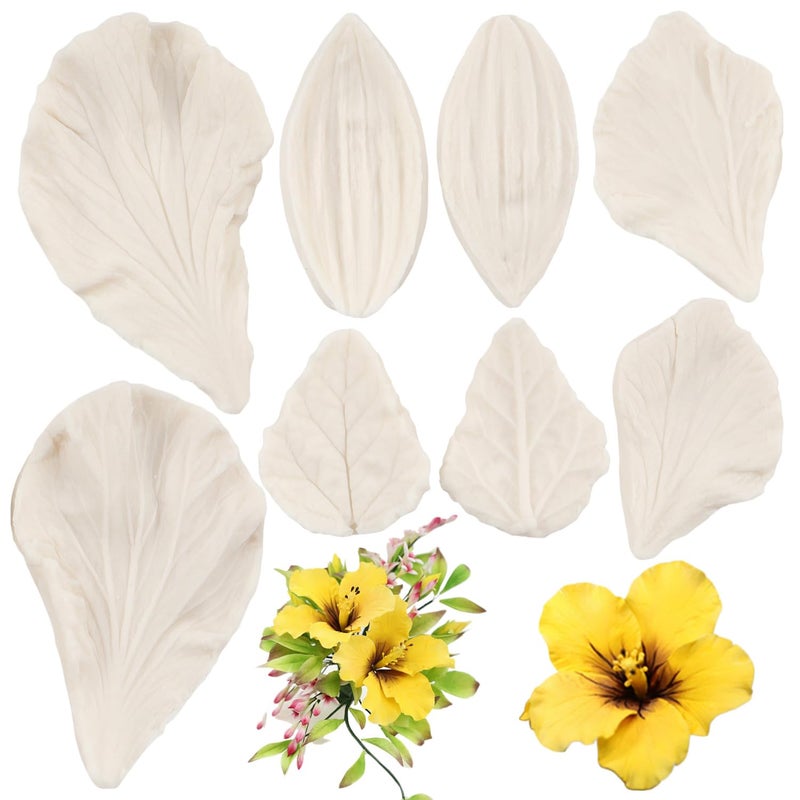 Hibiscus Flower Petal Silicone Mold Fondant Hibiscus Veined Leaves Mold for Cake Decoration Cupcake Topper Chocolate Candy Polymer Clay Gum Paste Set of 4