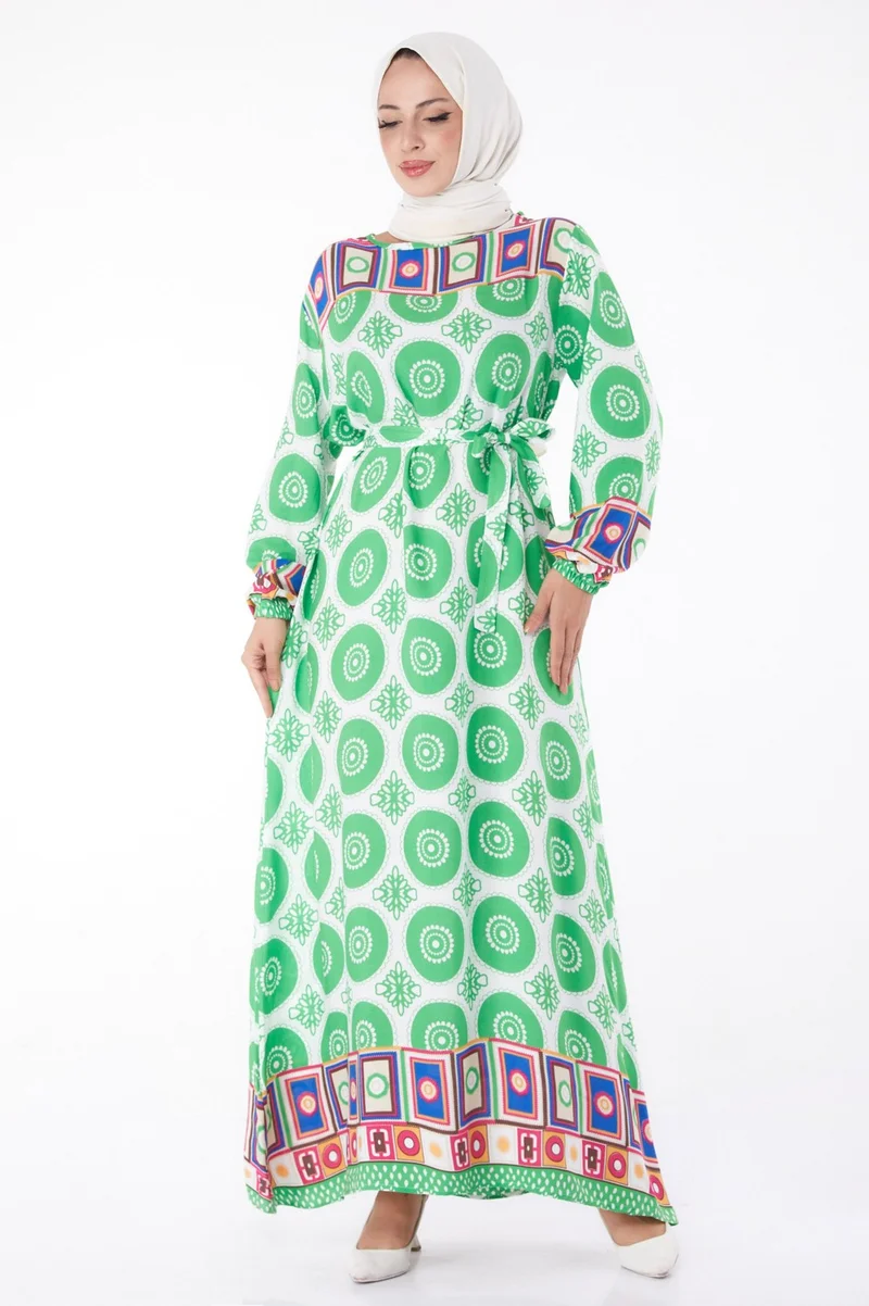 Tofisa Plain Crew Neck Women's Green Ethnic Patterned Dress - 26228