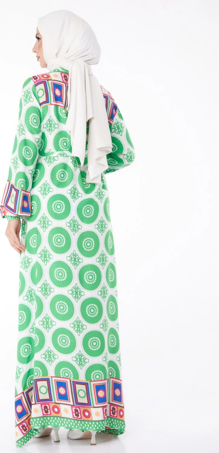 Tofisa Plain Crew Neck Women's Green Ethnic Patterned Dress - 26228