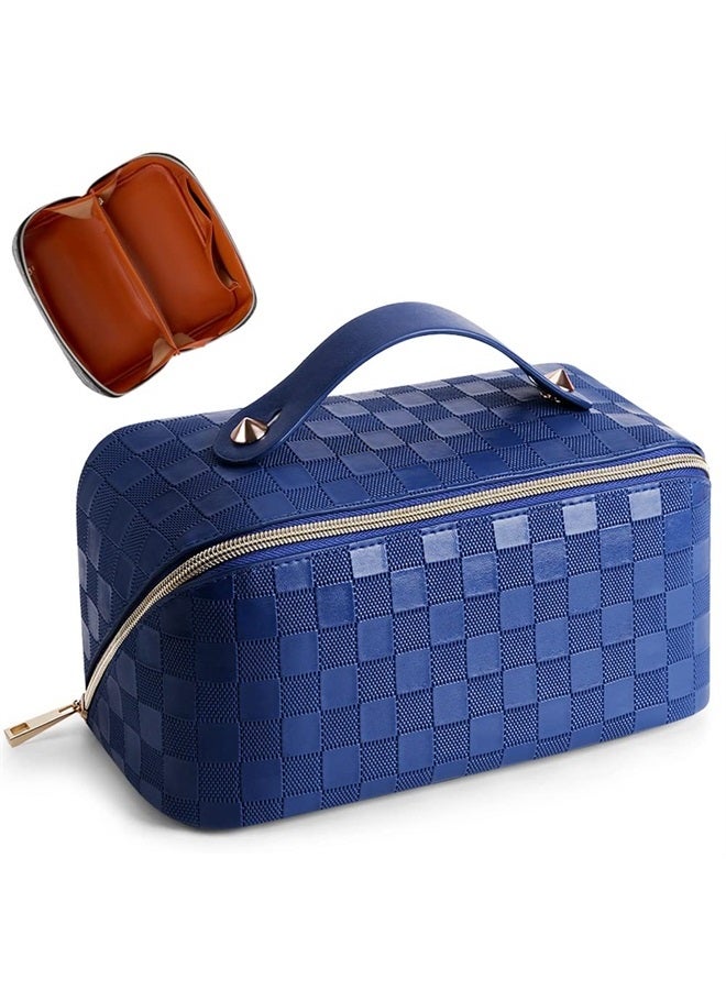Cessfle Large Capacity Travel Cosmetic Bag Plaid Checkered Makeup Bag Portable Leather Waterproof Skincare Bag with Handle and Divider for Women - Image 1
