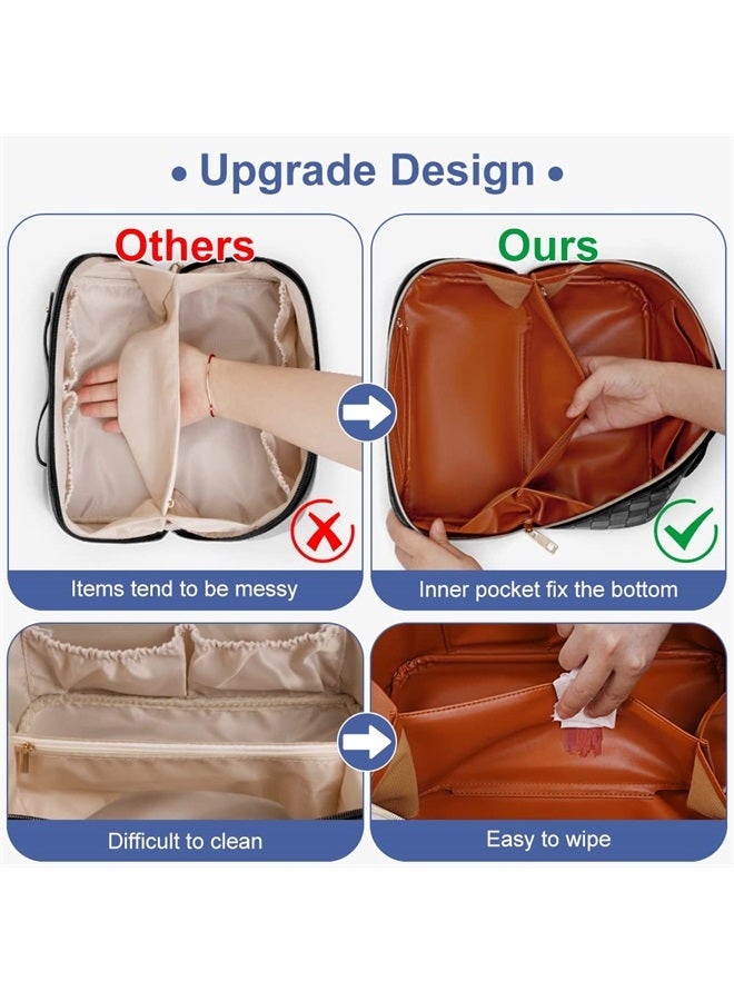 Cessfle Large Capacity Travel Cosmetic Bag Plaid Checkered Makeup Bag Portable Leather Waterproof Skincare Bag with Handle and Divider for Women - Image 4