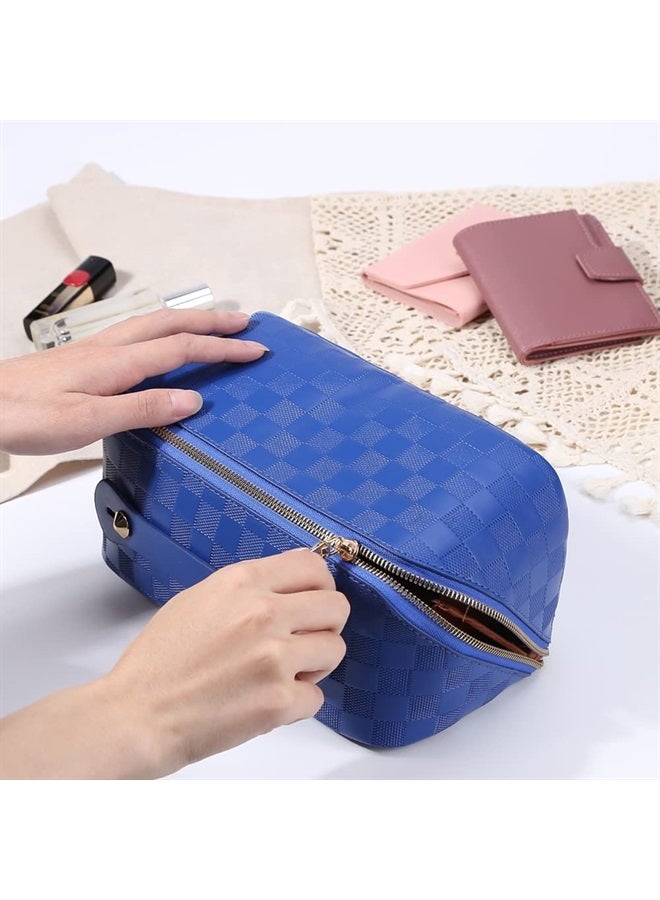 Cessfle Large Capacity Travel Cosmetic Bag Plaid Checkered Makeup Bag Portable Leather Waterproof Skincare Bag with Handle and Divider for Women - Image 3