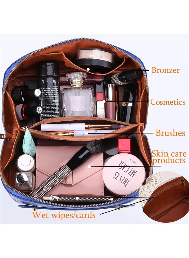 Cessfle Large Capacity Travel Cosmetic Bag Plaid Checkered Makeup Bag Portable Leather Waterproof Skincare Bag with Handle and Divider for Women - Image 5