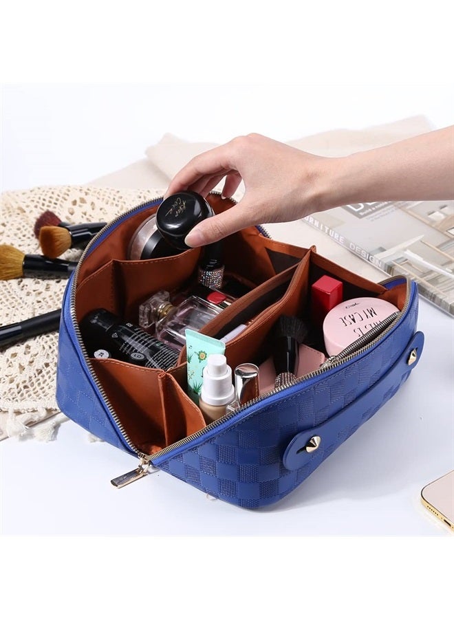 Cessfle Large Capacity Travel Cosmetic Bag Plaid Checkered Makeup Bag Portable Leather Waterproof Skincare Bag with Handle and Divider for Women - Image 2