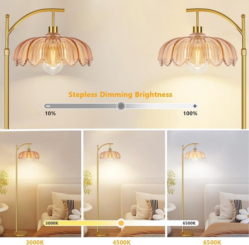 ILLMTW Gold Floor Lamp for Living Room,Bedroom,Mid Century Modern Standing Lamp with Remote,Dimmable Brass Tall Lamp Amber Glass Vintage Retro Arc Floor Lamps Flower Floor Light Boho Bohemian - Image 2