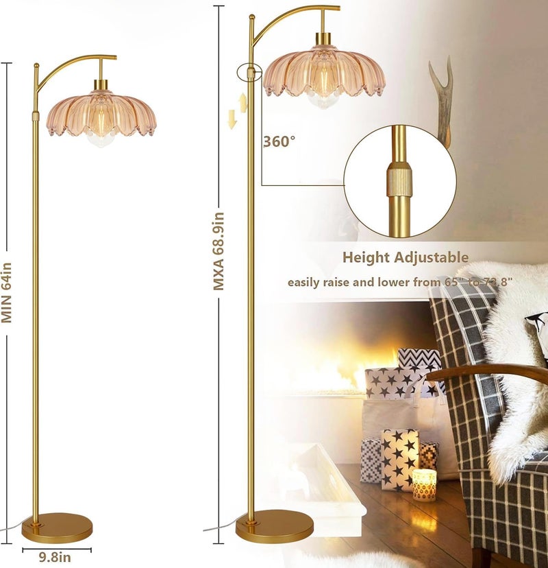 ILLMTW Gold Floor Lamp for Living Room,Bedroom,Mid Century Modern Standing Lamp with Remote,Dimmable Brass Tall Lamp Amber Glass Vintage Retro Arc Floor Lamps Flower Floor Light Boho Bohemian - Image 5