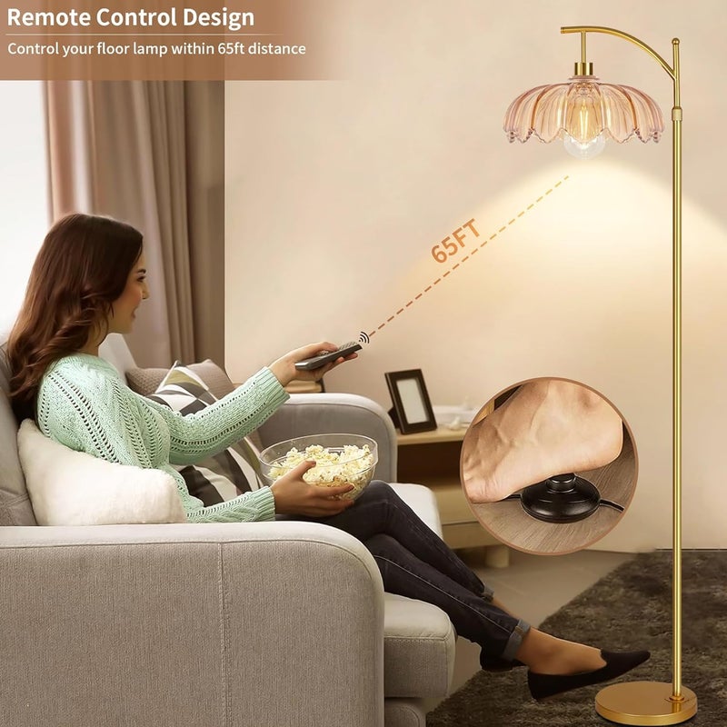 ILLMTW Gold Floor Lamp for Living Room,Bedroom,Mid Century Modern Standing Lamp with Remote,Dimmable Brass Tall Lamp Amber Glass Vintage Retro Arc Floor Lamps Flower Floor Light Boho Bohemian - Image 3