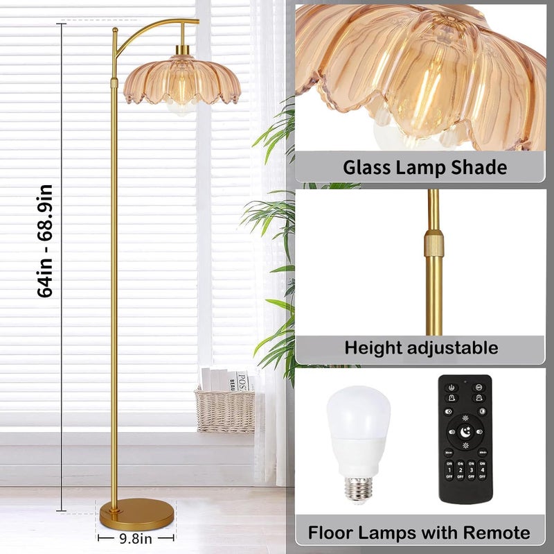 ILLMTW Gold Floor Lamp for Living Room,Bedroom,Mid Century Modern Standing Lamp with Remote,Dimmable Brass Tall Lamp Amber Glass Vintage Retro Arc Floor Lamps Flower Floor Light Boho Bohemian - Image 4
