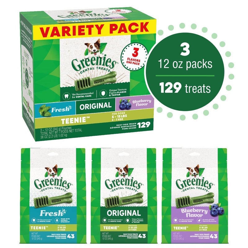 Greenies Veterinarian-Recommended Adult Natural Dental Dog Treats Teenie Size, Fresh Flavor, Original Flavor, and Blueberry Flavor, (3) 12 oz. Packs, 129 Count - Image 2