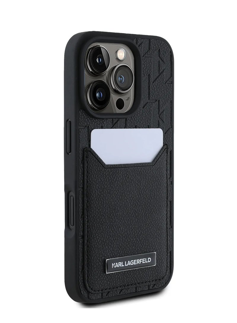 كارل لاغرفيلد جراب ايفون 16 برو ماكس من مادة البولي يوريثان الصلبة مع فتحة بطاقة وتصميم شعار أحادي اللون / حماية من السقوط / قبضة مريحة - أسود - Image 2