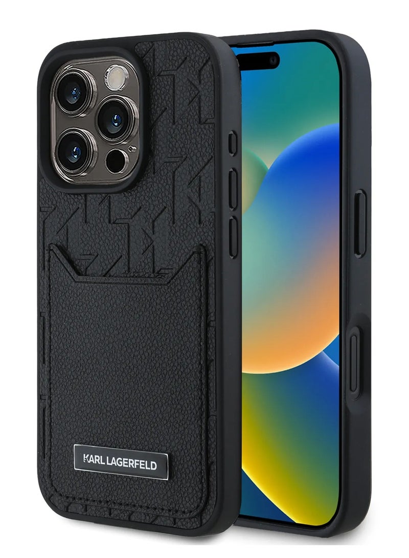 كارل لاغرفيلد جراب ايفون 16 برو ماكس من مادة البولي يوريثان الصلبة مع فتحة بطاقة وتصميم شعار أحادي اللون / حماية من السقوط / قبضة مريحة - أسود - Image 5