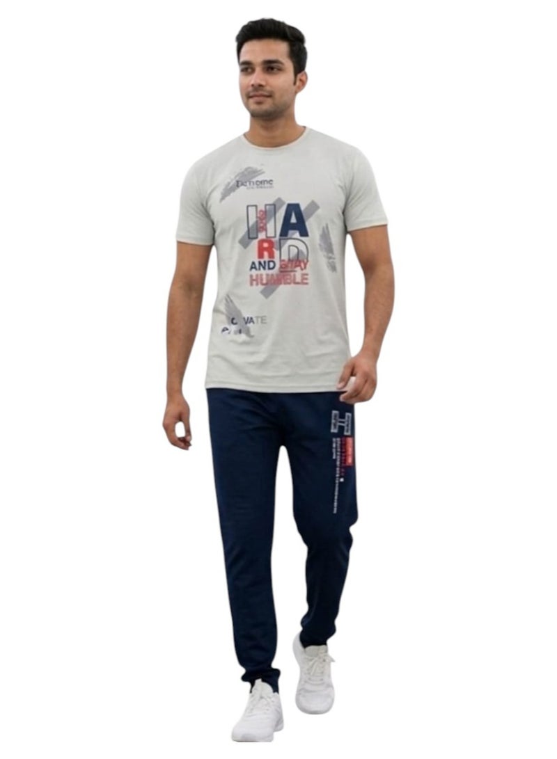Men Cotton Lycra 2 Piece Lounge Set Short Sleeve Graphic Print T Shirt and Jogger Pants Relaxed Fit Breathable Soft Stretch Fabric Casual Homewear Sleepwear Tracksuit Comfortable Daily Wear Pajama Set for Men Stylish Indoor Outfit with Multiple Sizes and Colors - Image 1