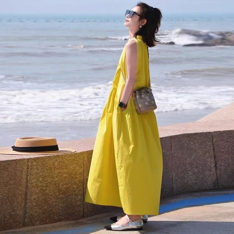 French Style Yellow Halter Neck Sleeveless Dress for Summer Beach Vacation 2025 - Image 2