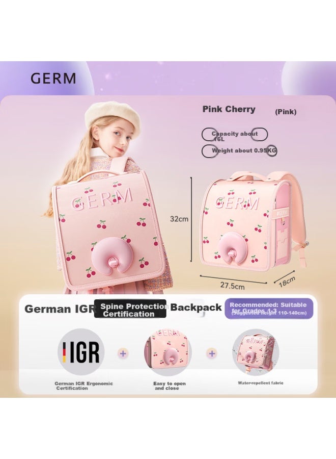 Germ School Bag For Primary School Students, Ultra-light Spine Protection For Girls, Children Grade 1-3, Large Capacity, Anti-falling, Pink Cherry - Image 1