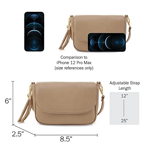 EVVE Small Crossbody Bag for Women Trendy Flap Saddle Purses with Tassel Vegan leather Shoulder Bag - Taupe - Image 4