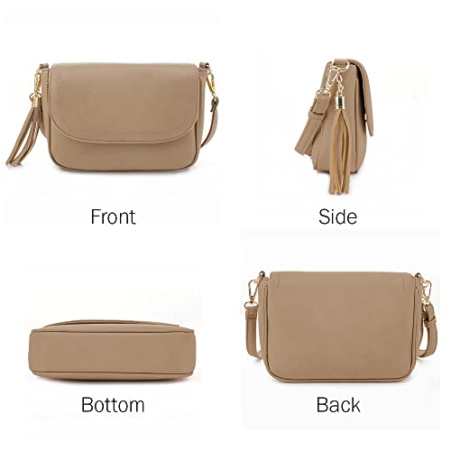 EVVE Small Crossbody Bag for Women Trendy Flap Saddle Purses with Tassel Vegan leather Shoulder Bag - Taupe - Image 2