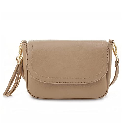 EVVE Small Crossbody Bag for Women Trendy Flap Saddle Purses with Tassel Vegan leather Shoulder Bag - Taupe - Image 1