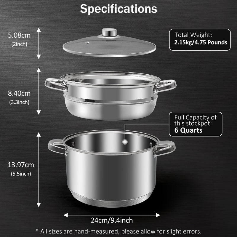KroWallu 6 QT Stainless Steel Cookware Set, 3-Piece Multipurpose Stock Pot with Steamer Pot and Tempered Glass Lid, Stainless Steel Handle, Work with Gas Electric Induction Stove - Image 2