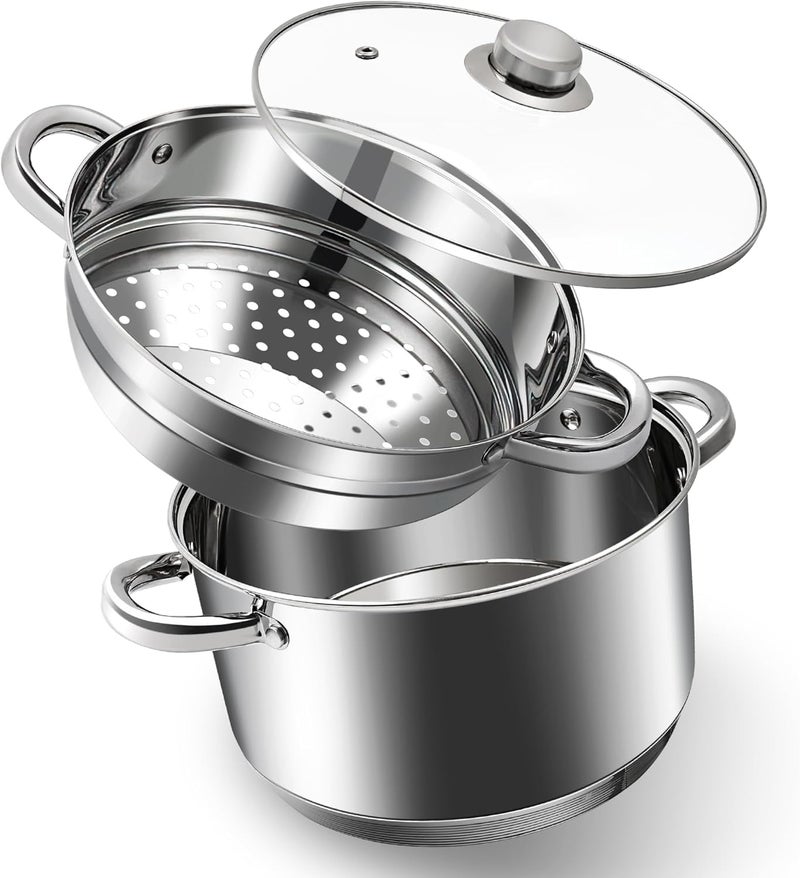 KroWallu 6 QT Stainless Steel Cookware Set, 3-Piece Multipurpose Stock Pot with Steamer Pot and Tempered Glass Lid, Stainless Steel Handle, Work with Gas Electric Induction Stove - Image 1
