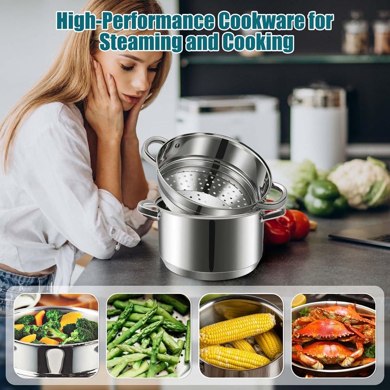 KroWallu 6 QT Stainless Steel Cookware Set, 3-Piece Multipurpose Stock Pot with Steamer Pot and Tempered Glass Lid, Stainless Steel Handle, Work with Gas Electric Induction Stove - Image 5