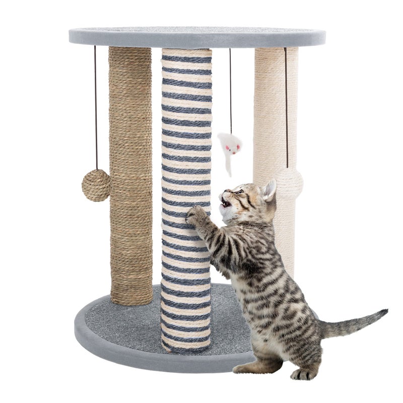 PETMAKER Cat Scratching Post - 3 Scratcher Posts with Carpeted Scratch Pad Base and Perch - Furniture Scratching Deterrent for Indoor Cats by PETMAKER (Gray) - Image 1