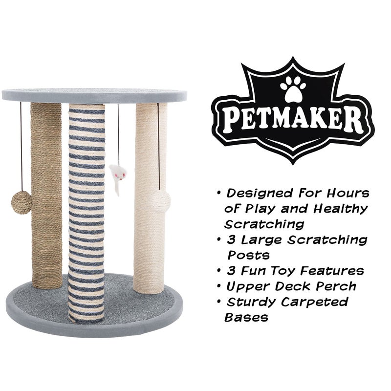 PETMAKER Cat Scratching Post - 3 Scratcher Posts with Carpeted Scratch Pad Base and Perch - Furniture Scratching Deterrent for Indoor Cats by PETMAKER (Gray) - Image 2