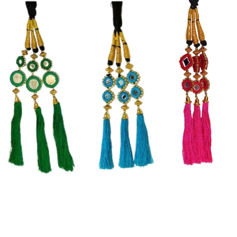 AHS 3 Piece Punjabi Paranda Tassels for Girls Women | Wedding Hair Accessories Parandi Choti | Colorful Hair Extensions (Pink-Green-Blue) - Image 1