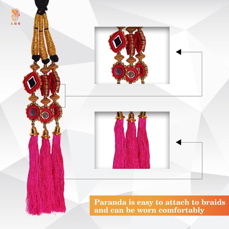 AHS 3 Piece Punjabi Paranda Tassels for Girls Women | Wedding Hair Accessories Parandi Choti | Colorful Hair Extensions (Pink-Green-Blue) - Image 4