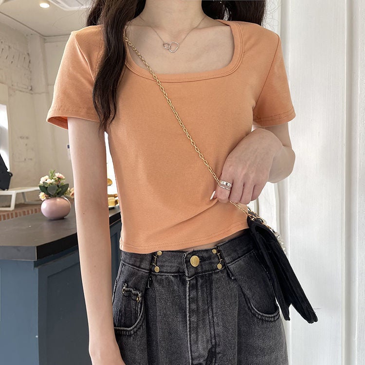 Summer Short T-Shirt For Women Pure Color High-Waisted Slimming Look Versatile Short-Sleeved Square Neck Top Trendy - Image 5