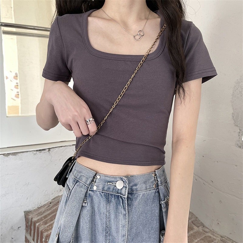 Summer Short T-Shirt For Women Pure Color High-Waisted Slimming Look Versatile Short-Sleeved Square Neck Top Trendy - Image 1