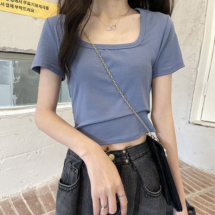 Summer Short T-Shirt For Women Pure Color High-Waisted Slimming Look Versatile Short-Sleeved Square Neck Top Trendy - Image 3