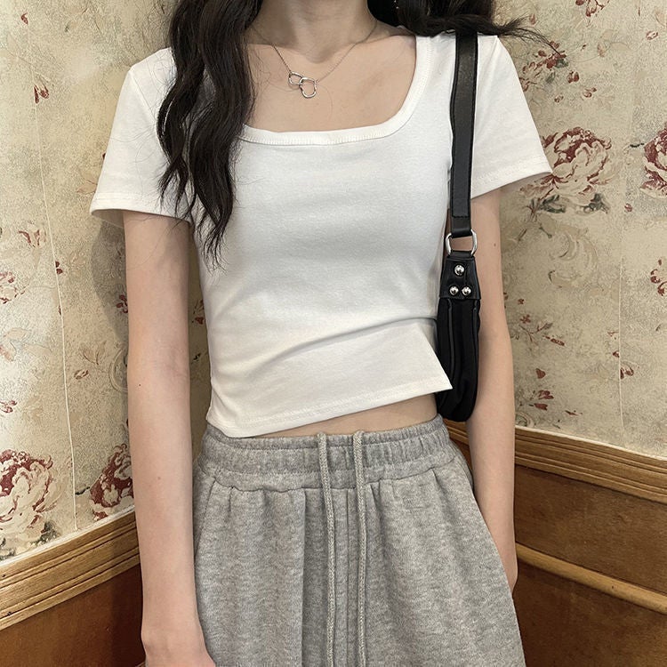 Summer Short T-Shirt For Women Pure Color High-Waisted Slimming Look Versatile Short-Sleeved Square Neck Top Trendy - Image 4