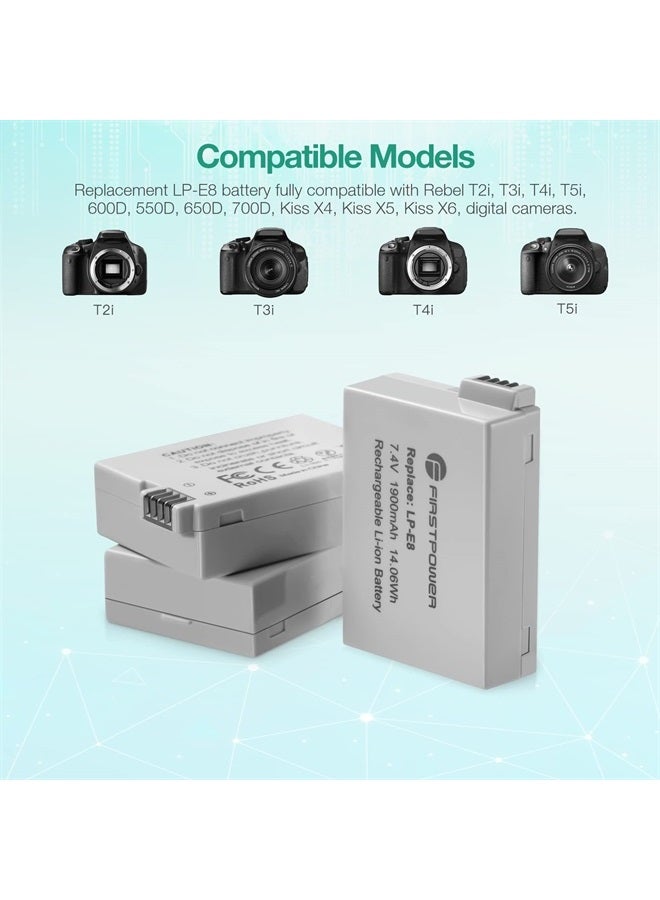 FirstPower LP-E8 Battery 3-Pack and Triple Slot Charger Compatible with Canon EOS Rebel T2i, T3i, T4i, T5i, 550D, 600D, 650D, 700D, Kiss X4, Kiss X5, Kiss X6 Digital Cameras - Image 2