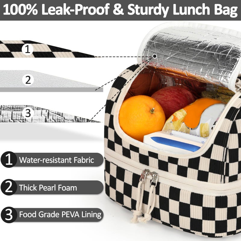 Vankor Corduroy Lunch Box Kids Insulated Lunch Bag Double Decker, Cute Leak-Proof Lunch Box for Boys Girls, Portable Cooler Lunch Bag Thermal Lunch Tote for School Picnic Travel, Black Checkered - Image 2