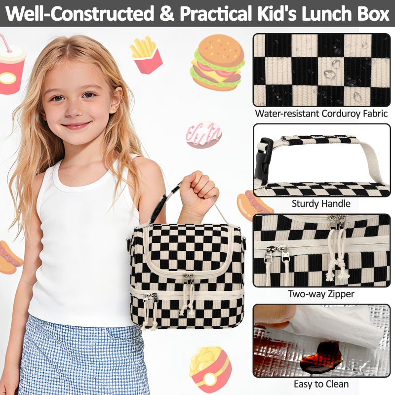 Vankor Corduroy Lunch Box Kids Insulated Lunch Bag Double Decker, Cute Leak-Proof Lunch Box for Boys Girls, Portable Cooler Lunch Bag Thermal Lunch Tote for School Picnic Travel, Black Checkered - Image 4