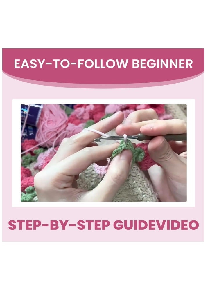 Beginner Crochet Kit -  Flowers Pink Rose Bouquet Blanket DIY, Learn to Crochet with Hook & Pattern, Gift for Women, - Image 3