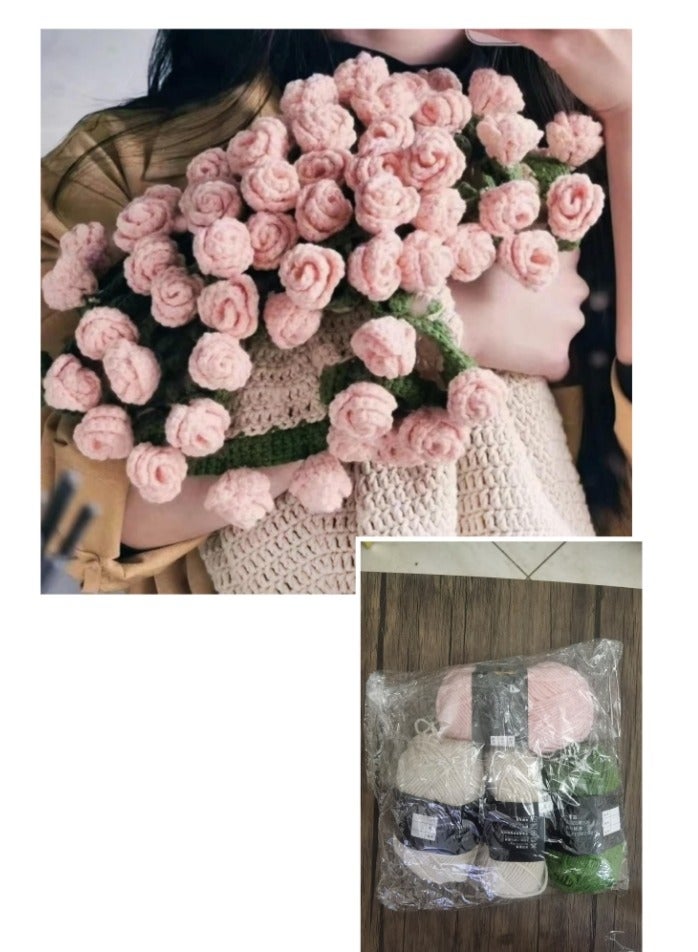 Beginner Crochet Kit -  Flowers Pink Rose Bouquet Blanket DIY, Learn to Crochet with Hook & Pattern, Gift for Women, - Image 2