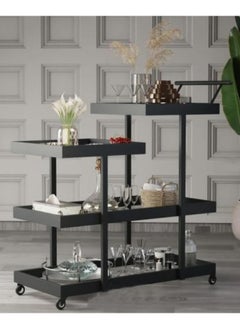 Modern Black Tempered Glass Serving Trolley 4 Tier Sturdy Metal Frame, Versatile Design, Ample Storage, Smooth Mobility, Secure Groove, Elegant Decor Piece Clear Glass Shelves, Big