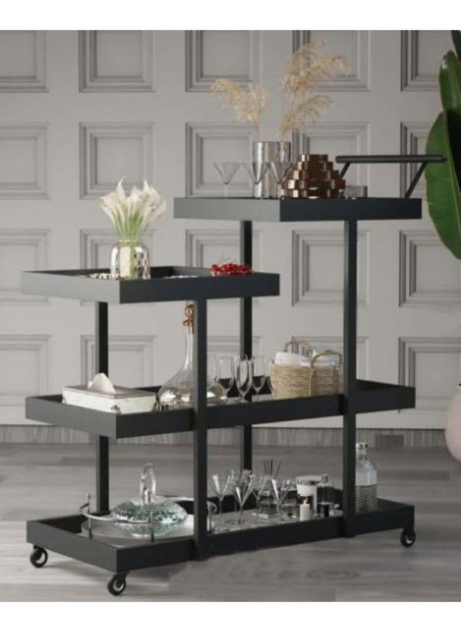 HOME TASTE - Modern Black Tempered Glass Serving Trolley 4 Tier Sturdy Metal Frame, Versatile Design, Ample Storage, Smooth Mobility, Secure Groove, Elegant Decor Piece Clear Glass Shelves, Big - Image 1