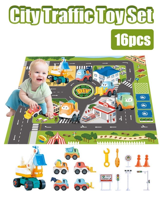 ١٦ قطعة مجموعة ألعاب حركة المرور في المدينة مجموعة سيارات لعبة خريطة اصنعها بنفسك سجادة لعب طريق المرور ألعاب مركبات بناء وتجميع مجموعة سيارات لعبة مع سجادة لعب - Image 1