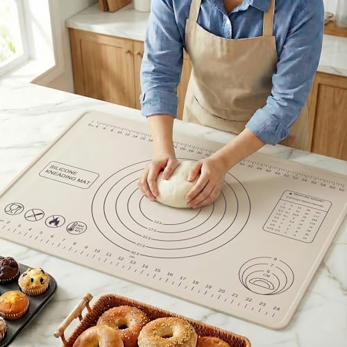 Gantok Silicone Pastry Mat 28" x 20" Extra Thick Silicone Baking Mat with Measurements and Edge Heightening Non-stick Food Grade Dough Rolling Mat Kneading Sheet for Pastry, Bread, Cookies (Beige) - Image 1