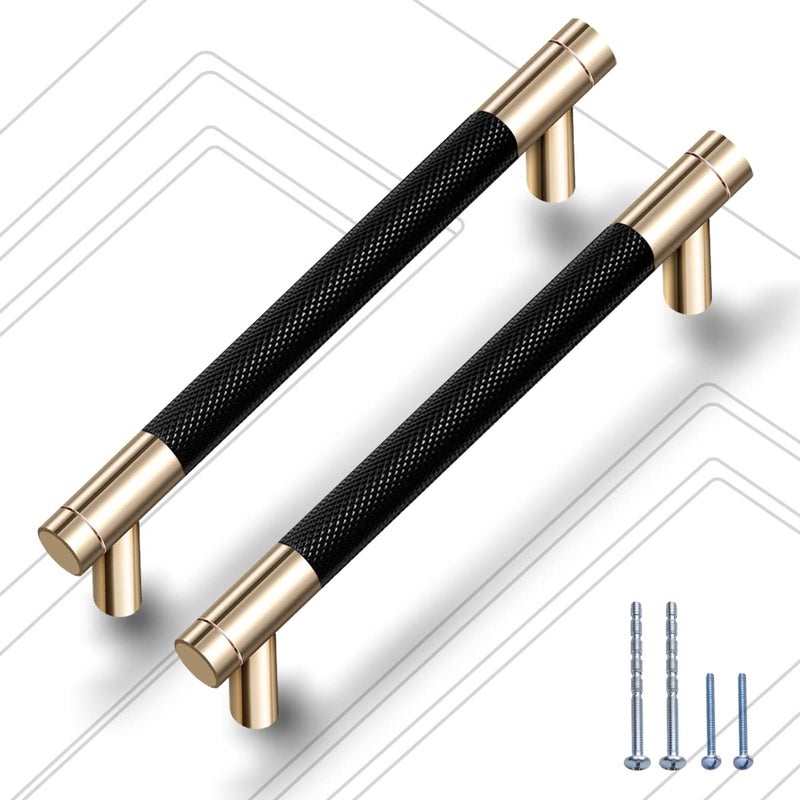 Gutuwellea 2 Pack 5 Inch 128 mm Knurled Cabinet Handles Cabinet Pulls Aluminum Handles Knurled Drawer Pulls Gold and Black Oxidation Finish with Diamond Pattern 62 Length 5 Hole Center